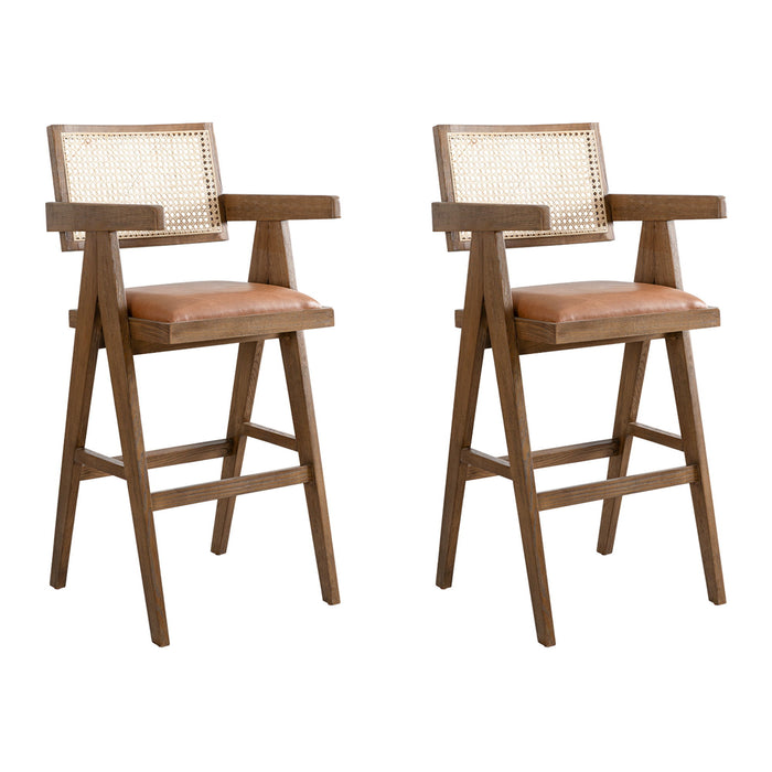 Harley - Nutmeg Brown Solid Wood And Rattan Upholstered 30" Bar Height Barstool