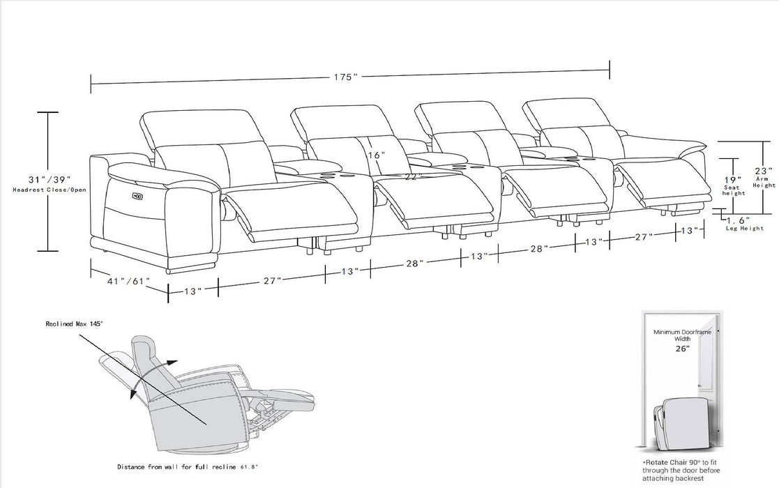 2679 - Genuine Leather Sofa With 4 Power Recliners, Power Headrests & 3 Storage Consoles