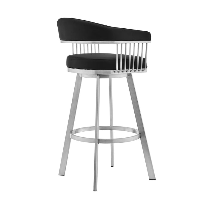 Chelsea - 25" Black Faux Leather And Brushed Stainless Steel Swivel Bar Stool