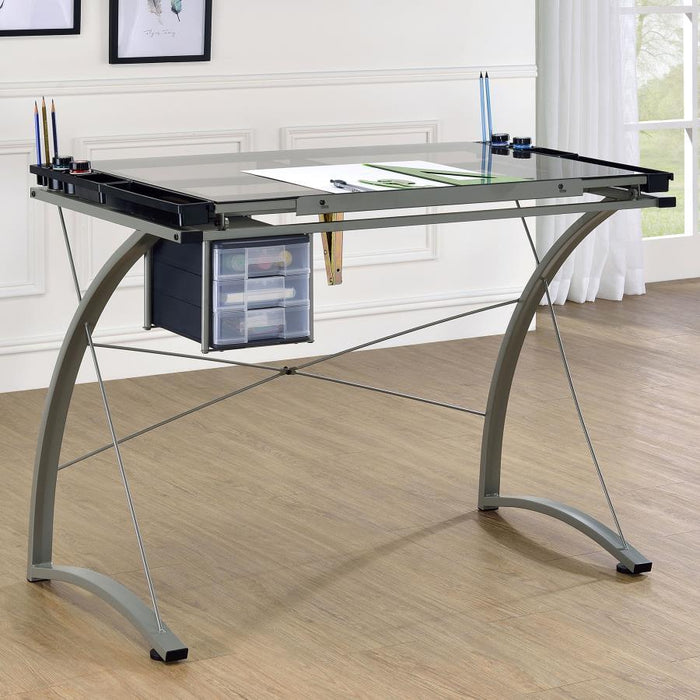 Melo - Glass Top Drafting Table With Storage - Silver