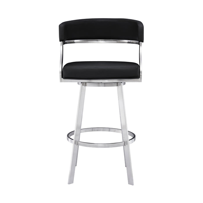 Saturn - 30" Bar Height Swivel Black Faux Leather And Brushed Stainless Steel Bar Stool