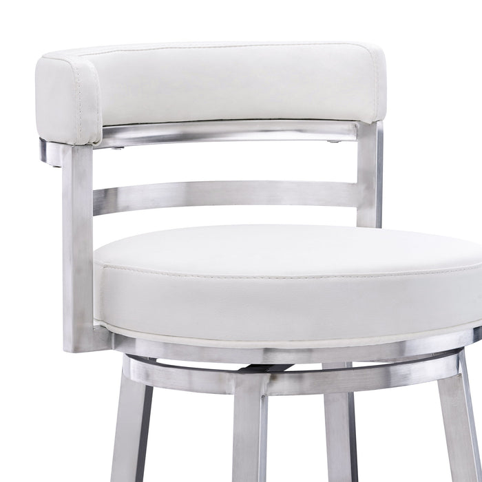 Madrid - 26" Counter Height Swivel White Faux Leather And Brushed Stainless Steel Bar Stool