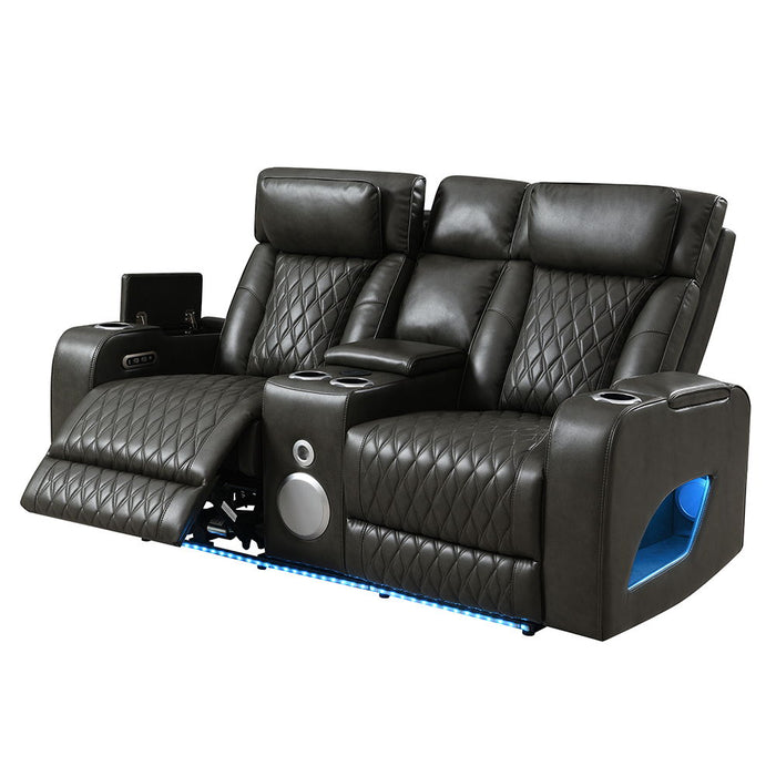 Taddeo - Power Motion Loveseat With Console, Speaker, USB, Wireless Charger & LED - Dark Gray