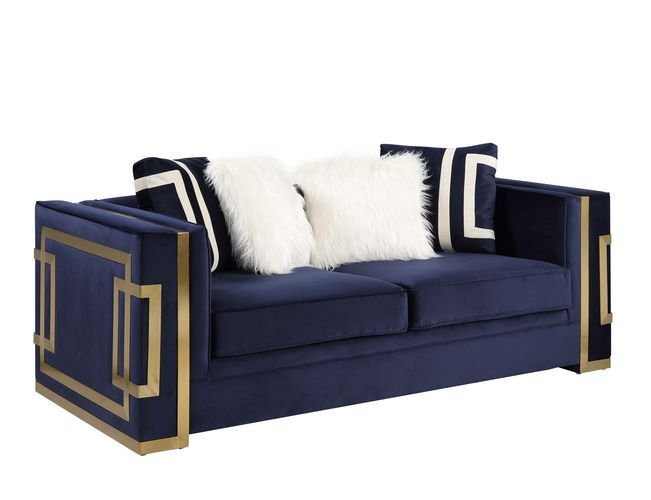 Virrux - Loveseat With 4 Pillows - Blue Velvet & Gold