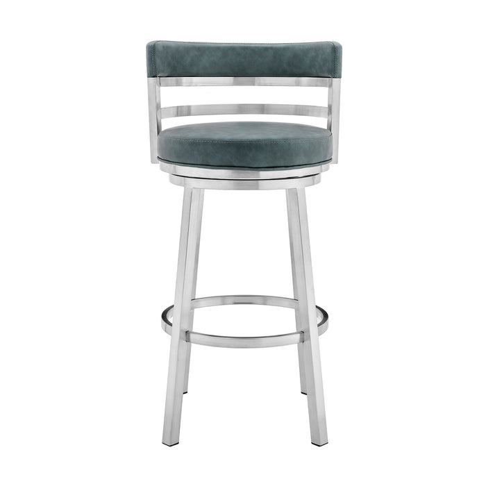Madrid - 30" Bar Height Swivel Blue Faux Leather And Brushed Stainless Steel Bar Stool