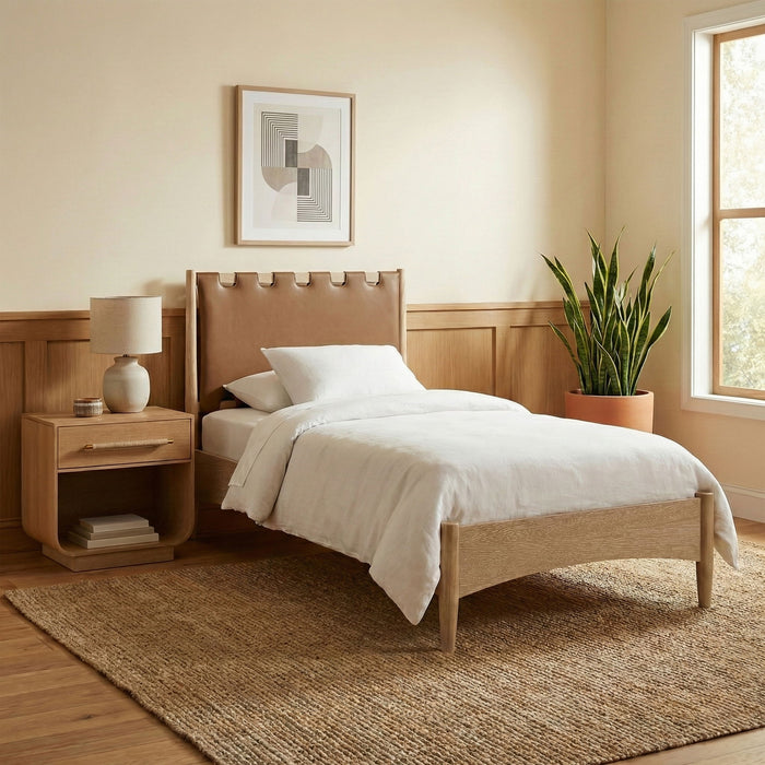 Santos - Vegan Leather Headboard And Wood Bed - Waxed Natural Frame