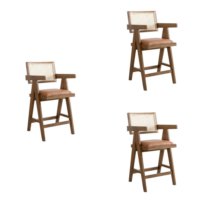 Harley - Nutmeg Brown Solid Wood And Rattan Upholstered 26" Counter Height Barstool