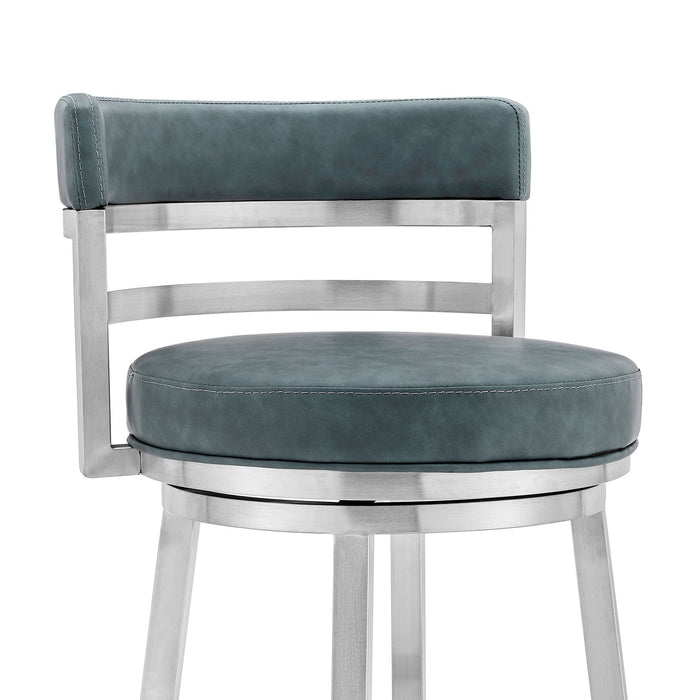 Madrid - 30" Bar Height Swivel Blue Faux Leather And Brushed Stainless Steel Bar Stool