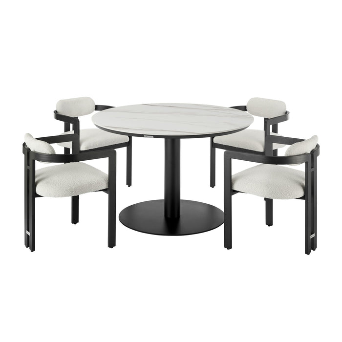 Jazmin - 5-Piece Outdoor Round Sintered Stone Dining Set - White / Black