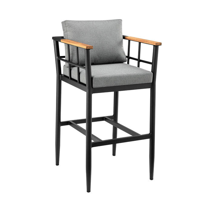 Orlando - Outdoor Patio Counter Height Bar Stool In Aluminum And Teak With Gray Cushions