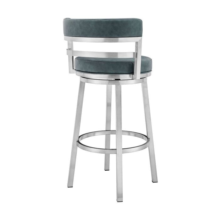 Madrid - 30" Bar Height Swivel Blue Faux Leather And Brushed Stainless Steel Bar Stool