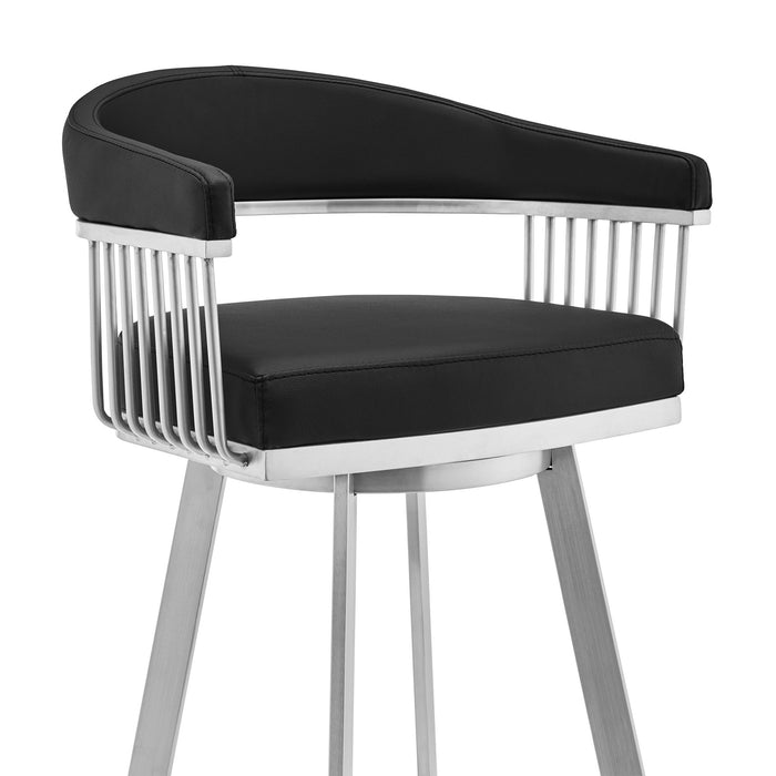 Chelsea - 29" Black Faux Leather And Brushed Stainless Steel Swivel Bar Stool