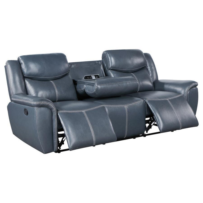 Sloane - Upholstered Motion Reclining Sofa With Drop Down Table - Blue