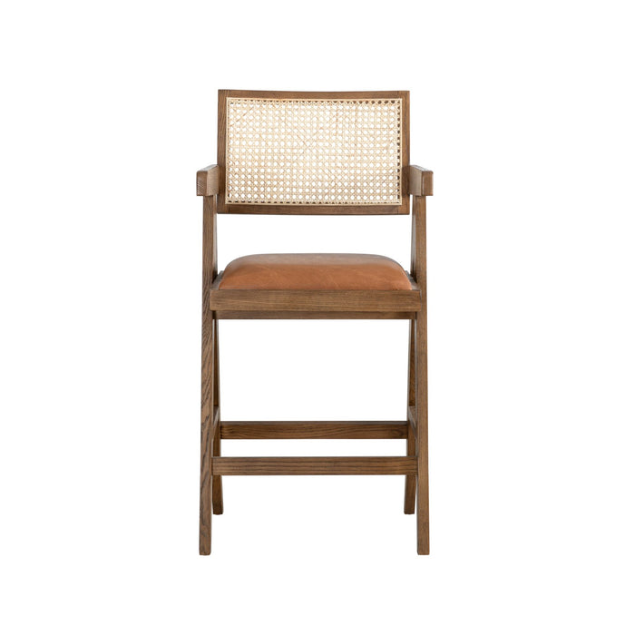 Harley - Nutmeg Brown Solid Wood And Rattan Upholstered 26" Counter Height Barstool