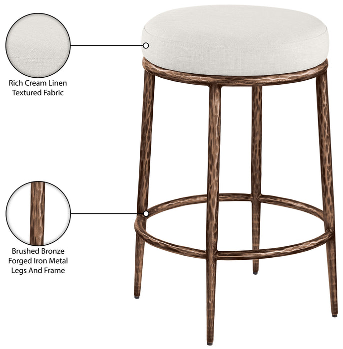 Ferro - Linen Textured Performance Fabric Upholstered Backless Counter Stool - Cream / Brushed Bronze
