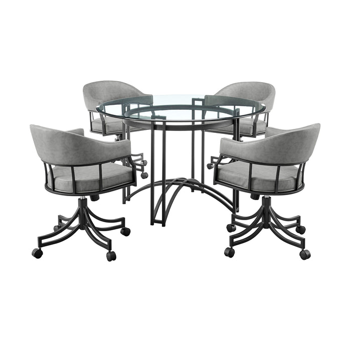 Tibet - 5 Piece Dining Set, Round Glass Tabletop And Rolling Chairs - Vintage Gray / Black