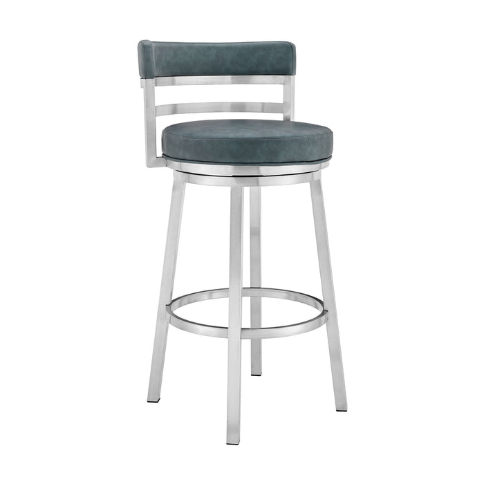Madrid - 30" Bar Height Swivel Blue Faux Leather And Brushed Stainless Steel Bar Stool