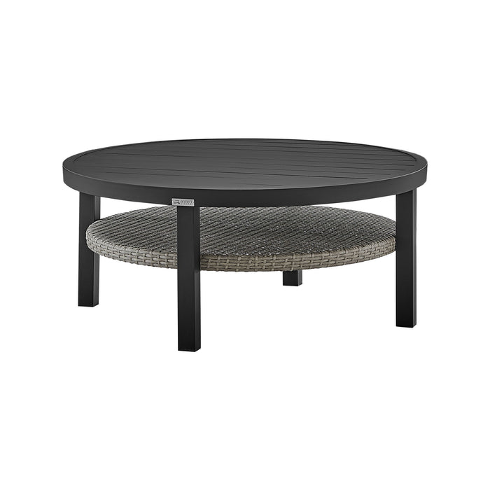 Palma - Outdoor Patio Round Coffee Table With Wicker Shelf - Black / Gray