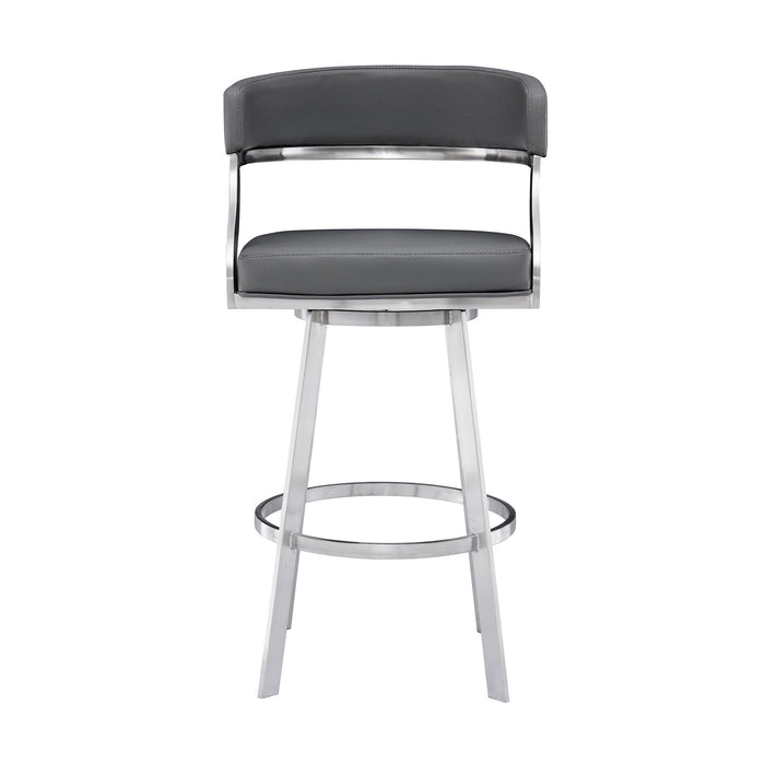 Saturn - 30" Bar Height Swivel Gray Faux Leather And Brushed Stainless Steel Bar Stool