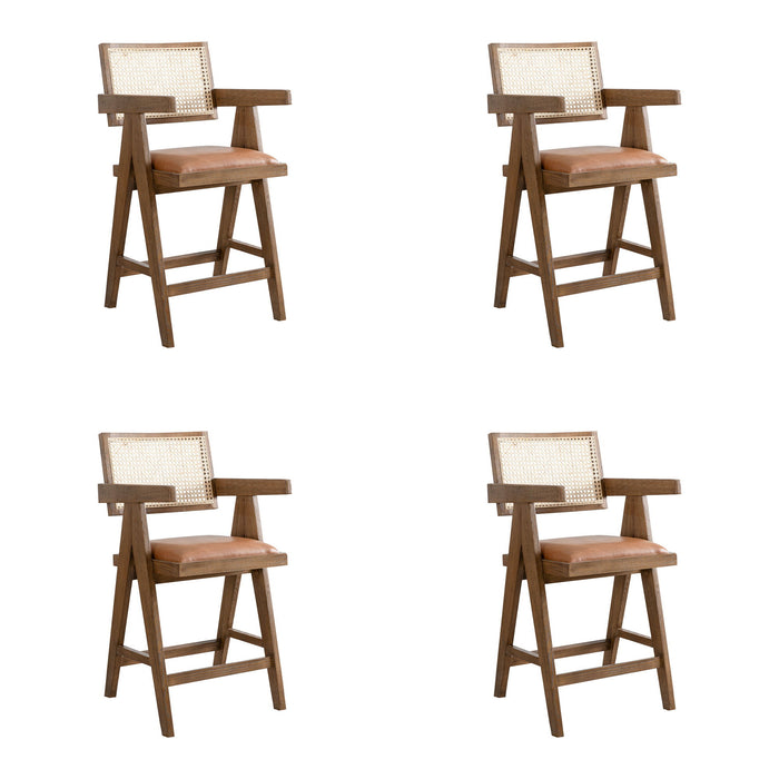 Harley - Nutmeg Brown Solid Wood And Rattan Upholstered 26" Counter Height Barstool