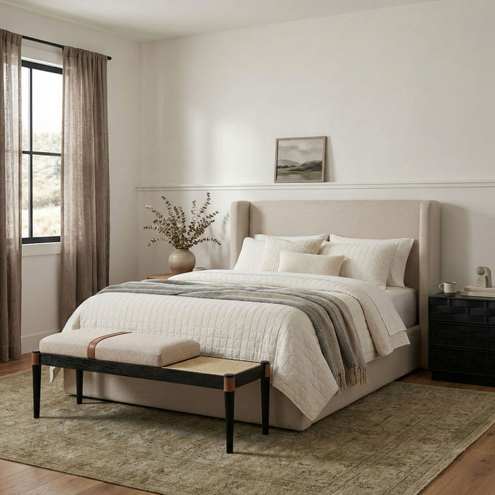 Nara - Linen Textured Fabric Upholstered Bench - Painted Black