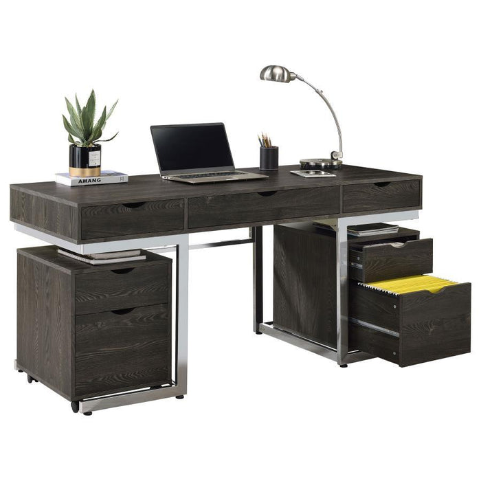 Noorvik - 3 Piece Writing Desk Set - Dark Oak And Chrome