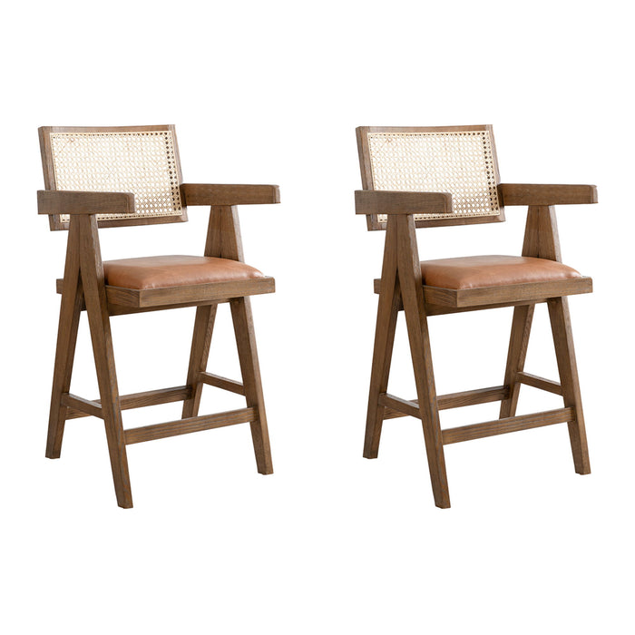 Harley - Nutmeg Brown Solid Wood And Rattan Upholstered 26" Counter Height Barstool