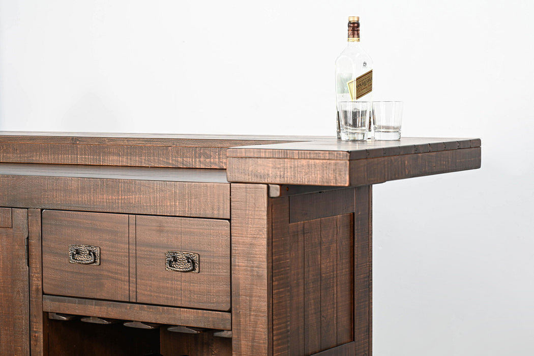 Traditional Wood Home Bar With Stools With Metal Back