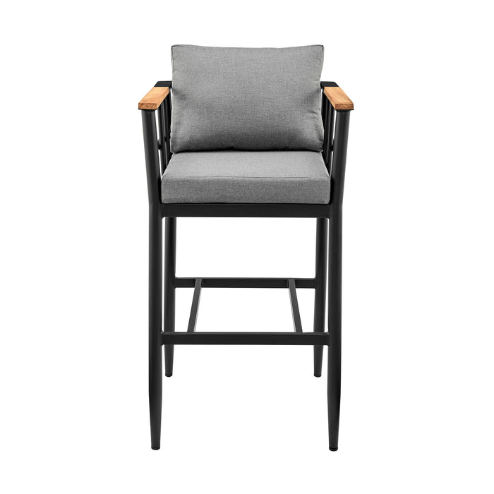 Orlando - Outdoor Patio Bar Stool In Aluminum And Teak With Gray Cushions