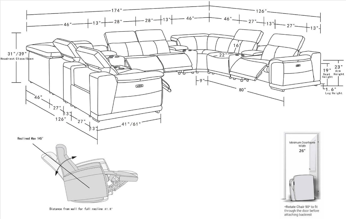 2679 - 12-Piece U-Shaped Power Reclining Sectional In Genuine Leather (4 Recliners)