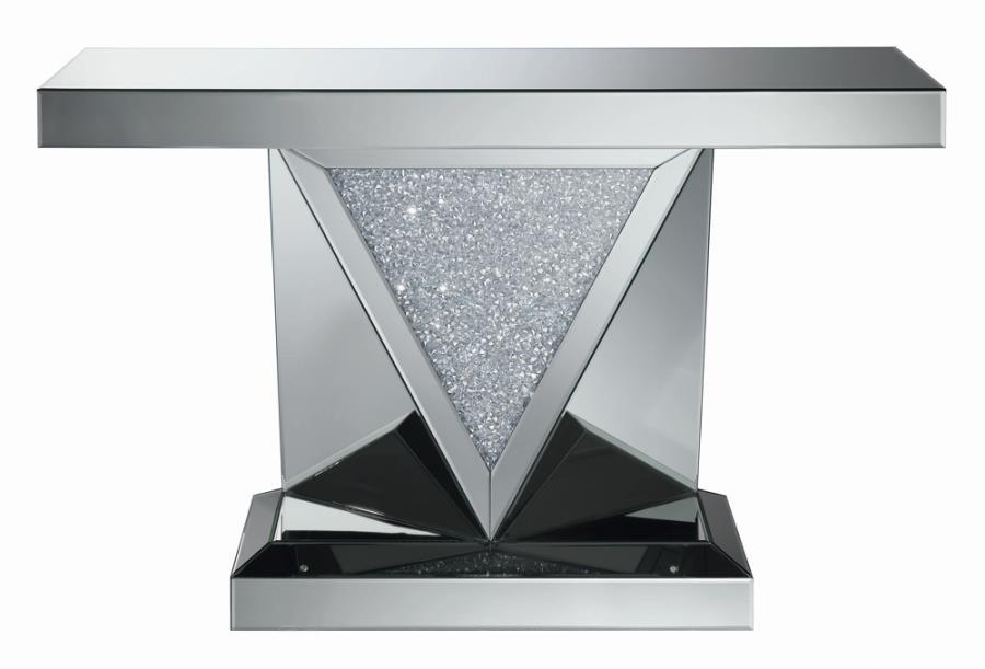 Amore - Rectangular Sofa Table With Triangle Detailing - Silver And Clear Mirror