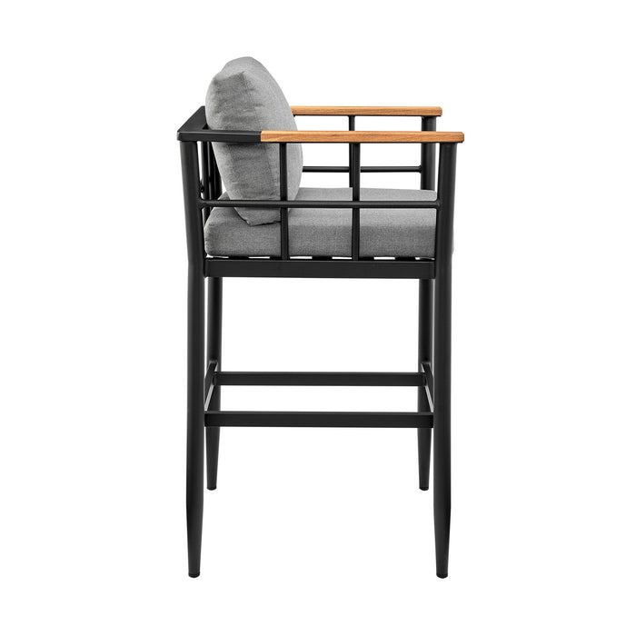 Orlando - Outdoor Patio Bar Stool In Aluminum And Teak With Gray Cushions