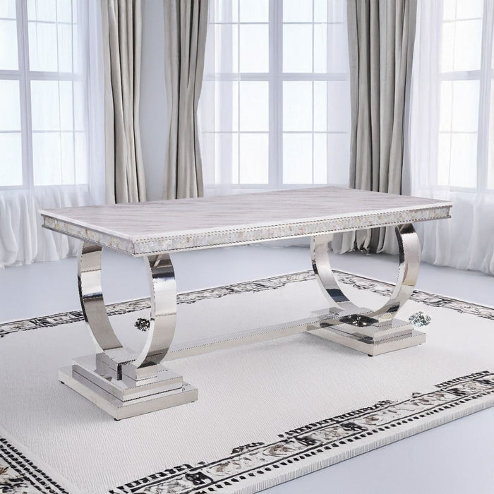 Zander - Dining Table - White Printed Faux Marble Top & Mirrored Silver
