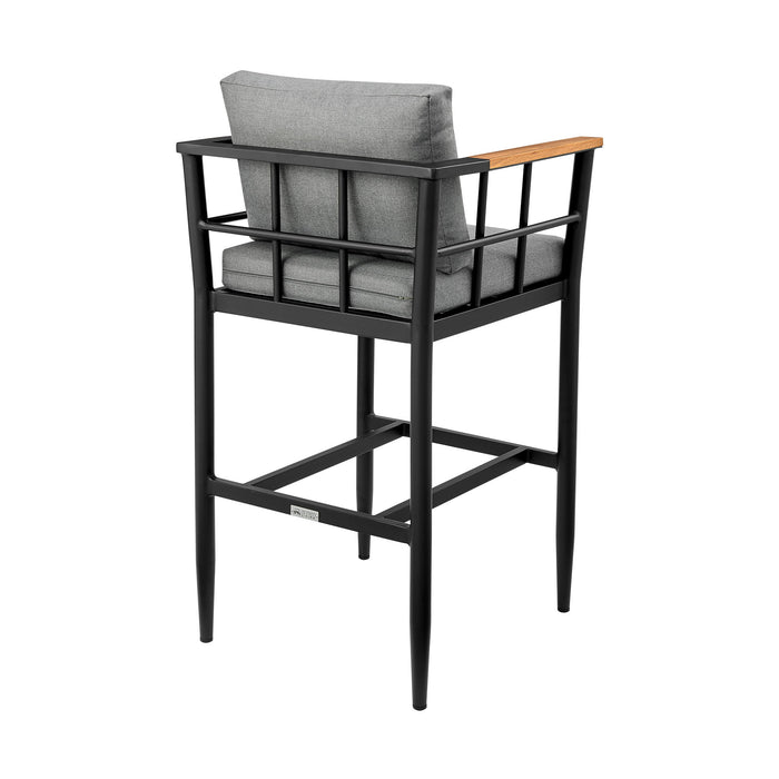Orlando - Outdoor Patio Bar Stool In Aluminum And Teak With Gray Cushions