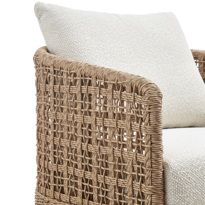 Driftbay - Metal Outdoor Swivel Lounge Chair With Cushions - Boucle White / Natural