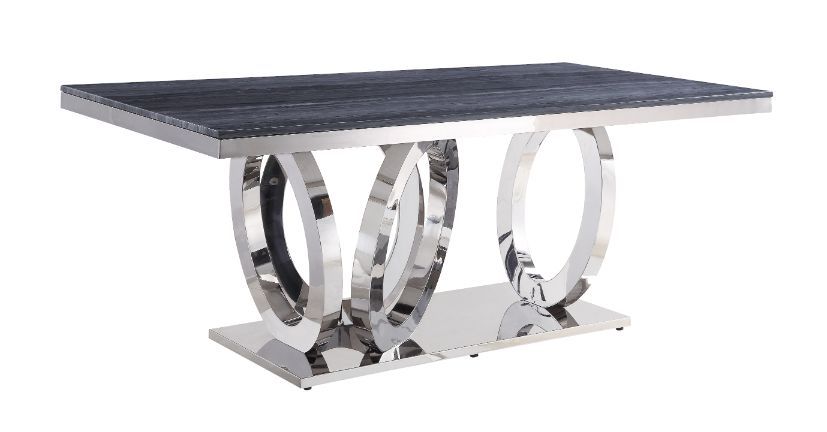 Nasir - Dining Table - Gray Printed Faux Marble Top & Mirrored Silver