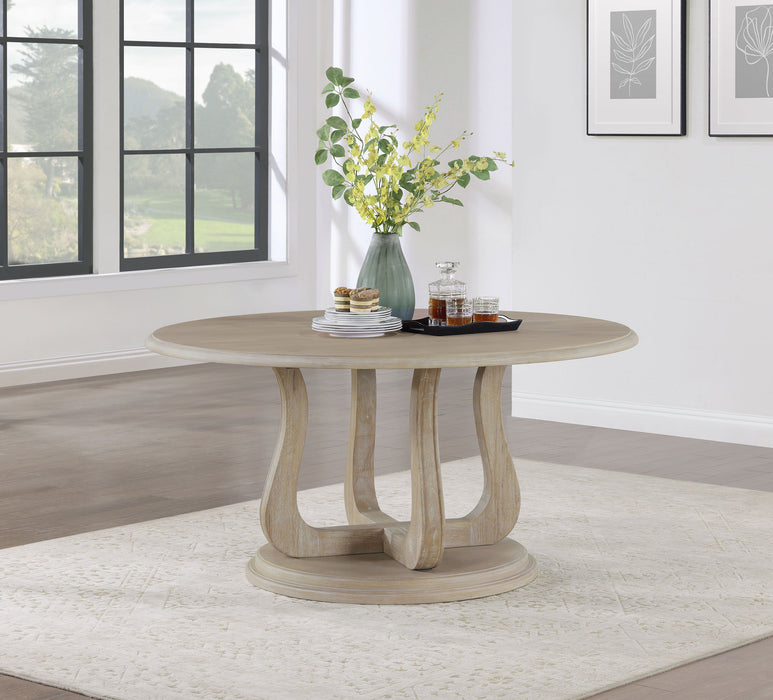 Trofello - Round Dining Table With Curved Pedestal Base - White Washed