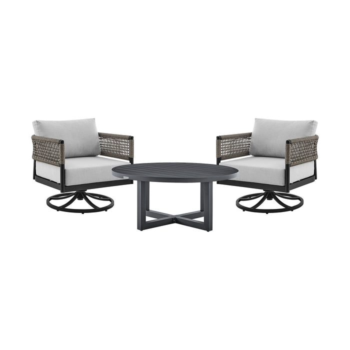 Felicia - And Argiope 3 Piece Patio Outdoor Swivel Seating Set - Black Aluminum With Gray Rope And Cushions