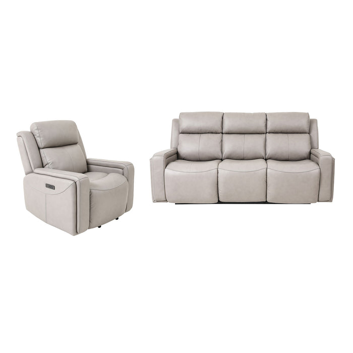 Claude - Dual Power Headrest Genuine Leather And Lumbar Support Reclining 2 Piece Sofa And Recliner Set - Light Gray