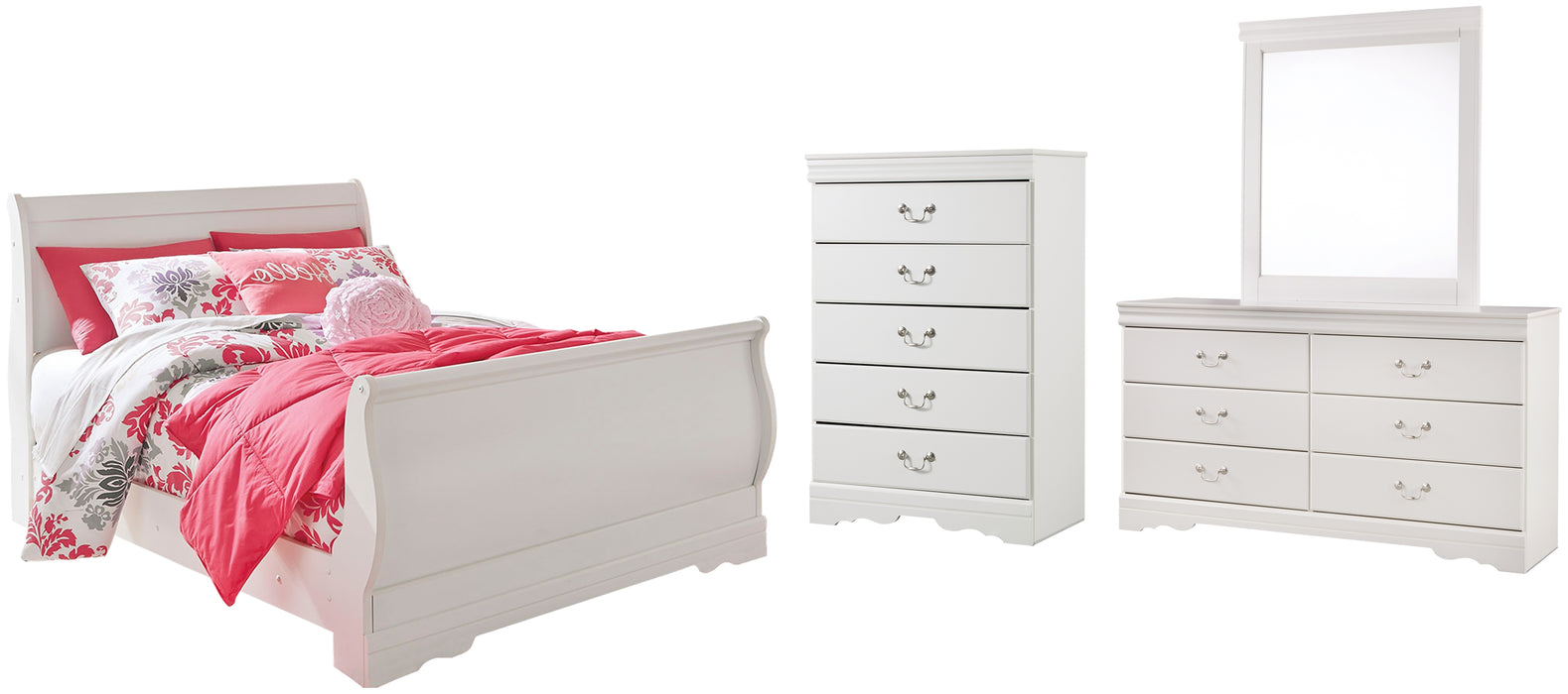 Anarasia Full Sleigh Bed with Mirrored Dresser and Chest