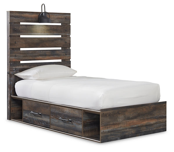 Drystan Twin Panel Bed with 4 Storage Drawers with Mirrored Dresser and Chest