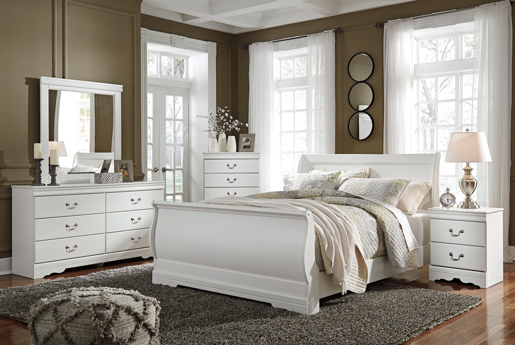 Anarasia Queen Sleigh Bed with Mirrored Dresser and Chest