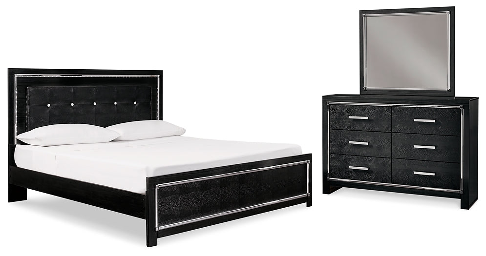 Kaydell King Upholstered Panel Bed with Mirrored Dresser