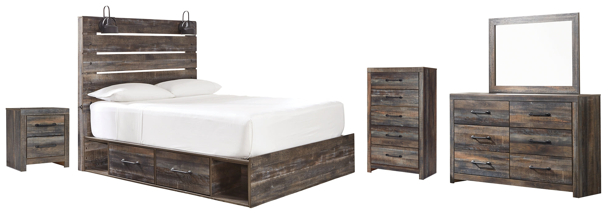 Drystan  Panel Bed With 2 Storage Drawers With Mirrored Dresser, Chest And Nightstand