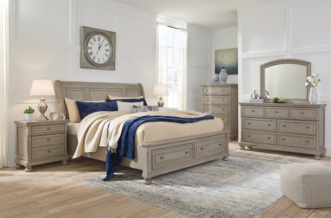 Lettner California King Sleigh Bed with Mirrored Dresser