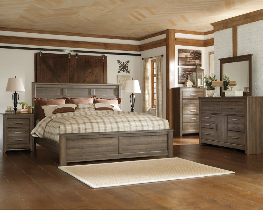 Juararo California King Panel Bed with Mirrored Dresser, Chest and 2 Nightstands