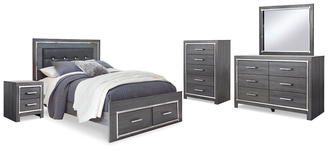 Lodanna Queen Panel Bed with 2 Storage Drawers with Mirrored Dresser, Chest and Nightstand