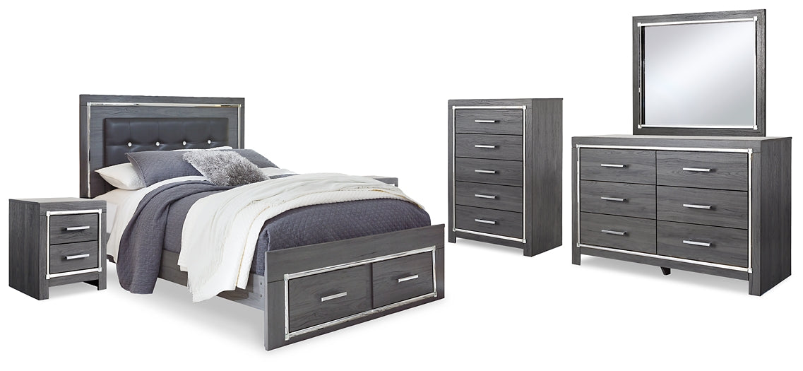 Lodanna Queen Panel Bed with 2 Storage Drawers with Mirrored Dresser, Chest and 2 Nightstands