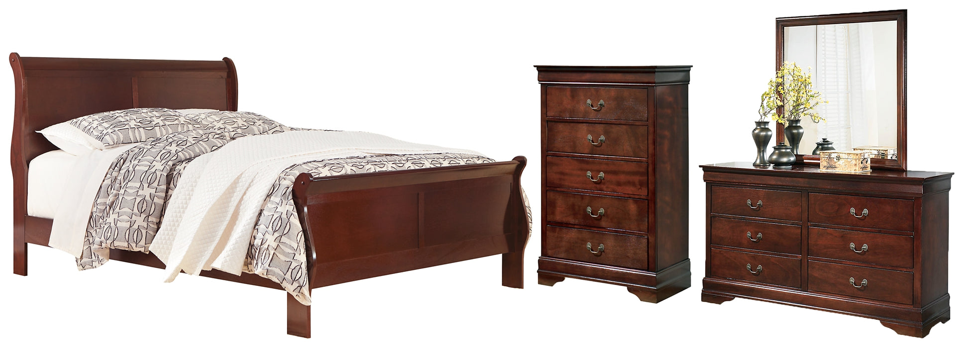 Alisdair  Sleigh Bed With Mirrored Dresser And Chest