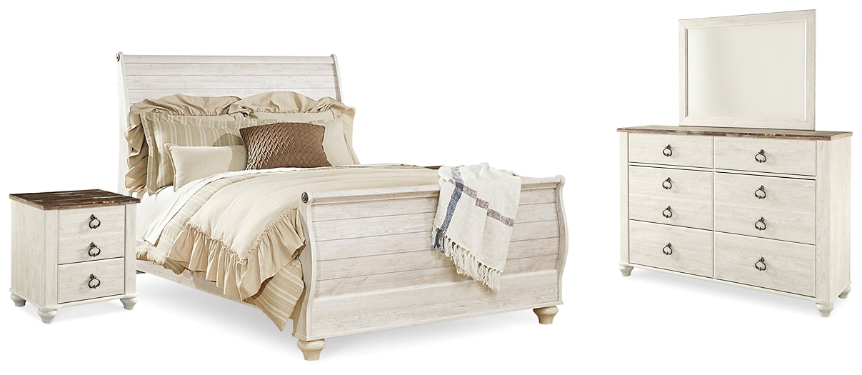 Willowton  Sleigh Bed With Mirrored Dresser And 2 Nightstands